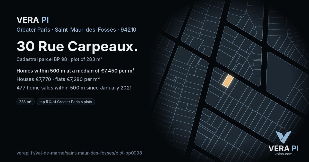 30 Rue Carpeaux, Saint-Maur-des-Fossés at night – the plot lit, the parcels around coloured by the prices near them