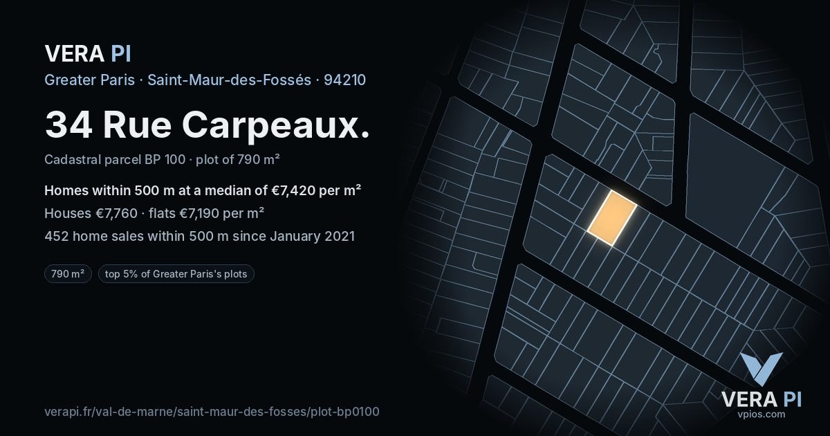 34 Rue Carpeaux, Saint-Maur-des-Fossés at night – the plot lit, the parcels around coloured by the prices near them