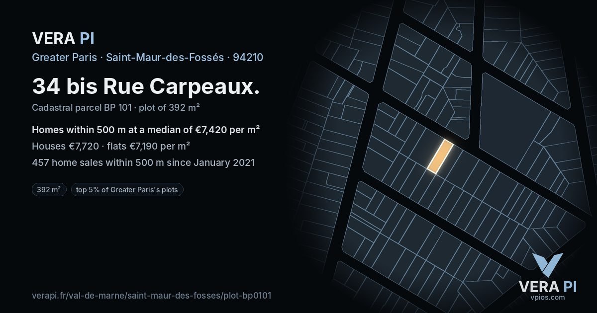 34 bis Rue Carpeaux, Saint-Maur-des-Fossés at night – the plot lit, the parcels around coloured by the prices near them