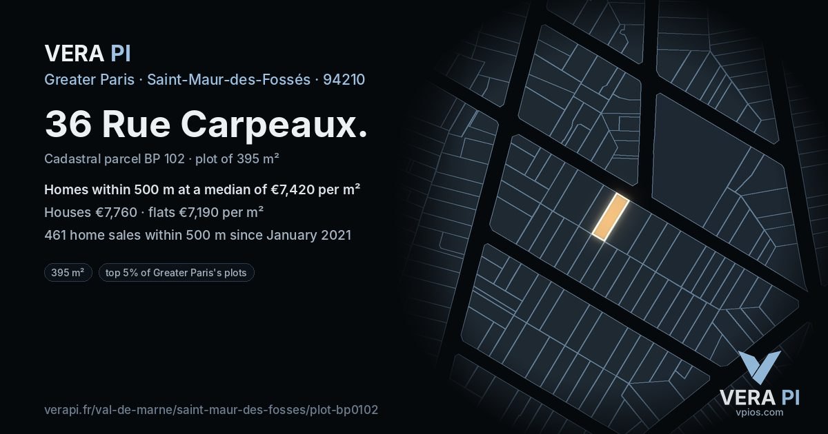 36 Rue Carpeaux, Saint-Maur-des-Fossés at night – the plot lit, the parcels around coloured by the prices near them