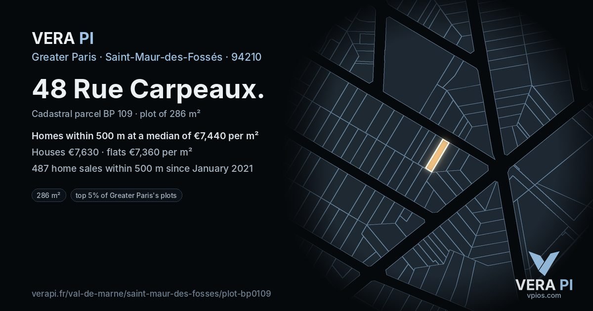 48 Rue Carpeaux, Saint-Maur-des-Fossés at night – the plot lit, the parcels around coloured by the prices near them