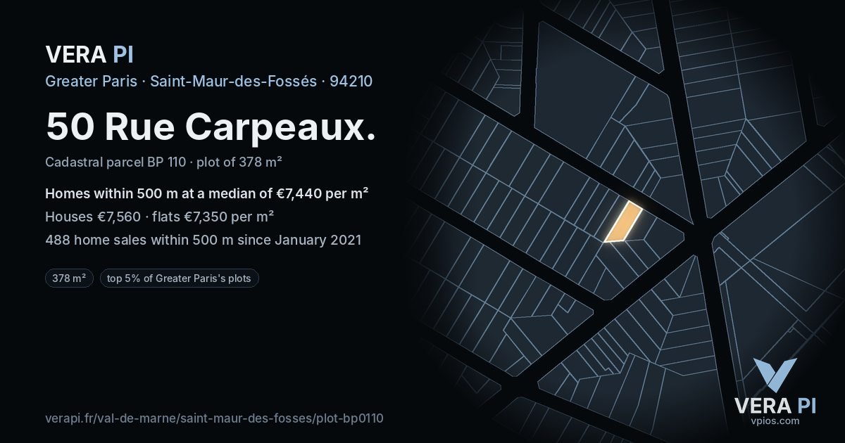 50 Rue Carpeaux, Saint-Maur-des-Fossés at night – the plot lit, the parcels around coloured by the prices near them