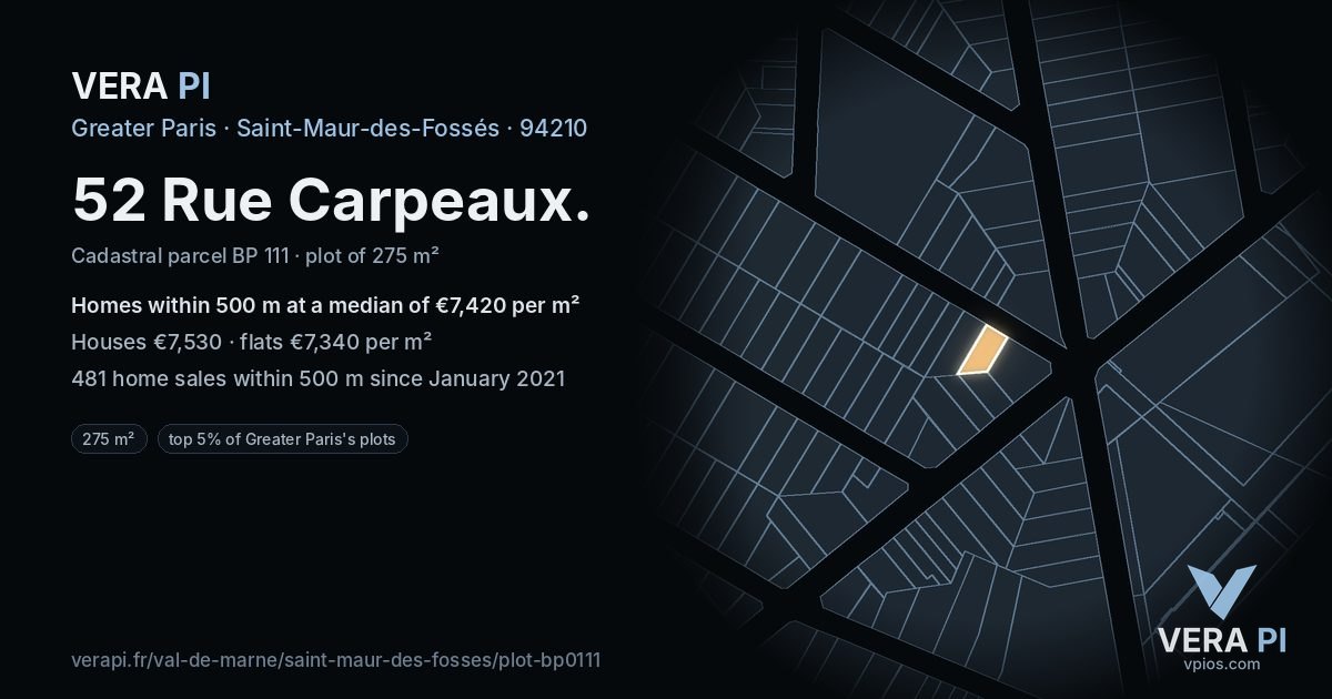 52 Rue Carpeaux, Saint-Maur-des-Fossés at night – the plot lit, the parcels around coloured by the prices near them
