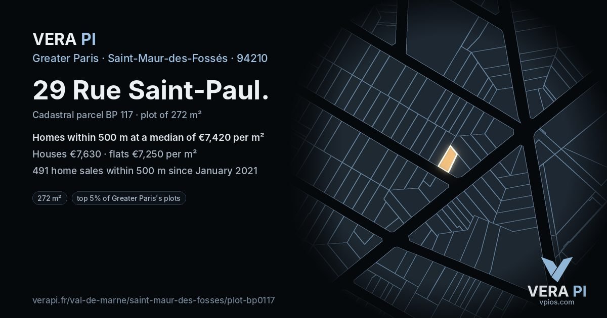 29 Rue Saint-Paul, Saint-Maur-des-Fossés at night – the plot lit, the parcels around coloured by the prices near them