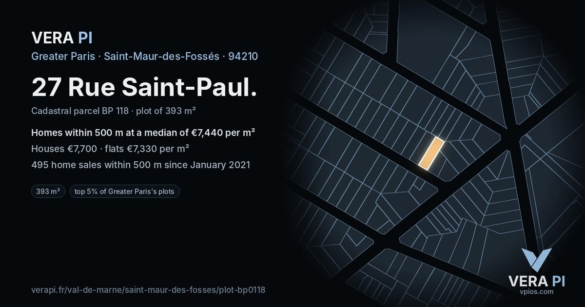 27 Rue Saint-Paul, Saint-Maur-des-Fossés at night – the plot lit, the parcels around coloured by the prices near them