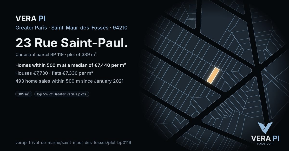23 Rue Saint-Paul, Saint-Maur-des-Fossés at night – the plot lit, the parcels around coloured by the prices near them