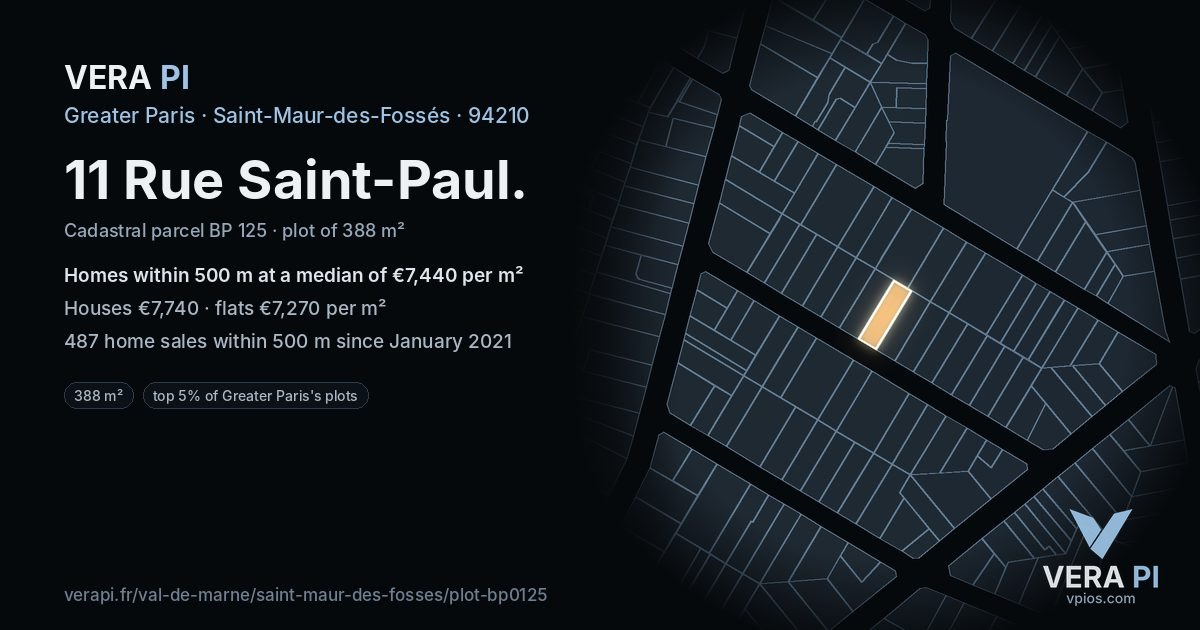 11 Rue Saint-Paul, Saint-Maur-des-Fossés at night – the plot lit, the parcels around coloured by the prices near them