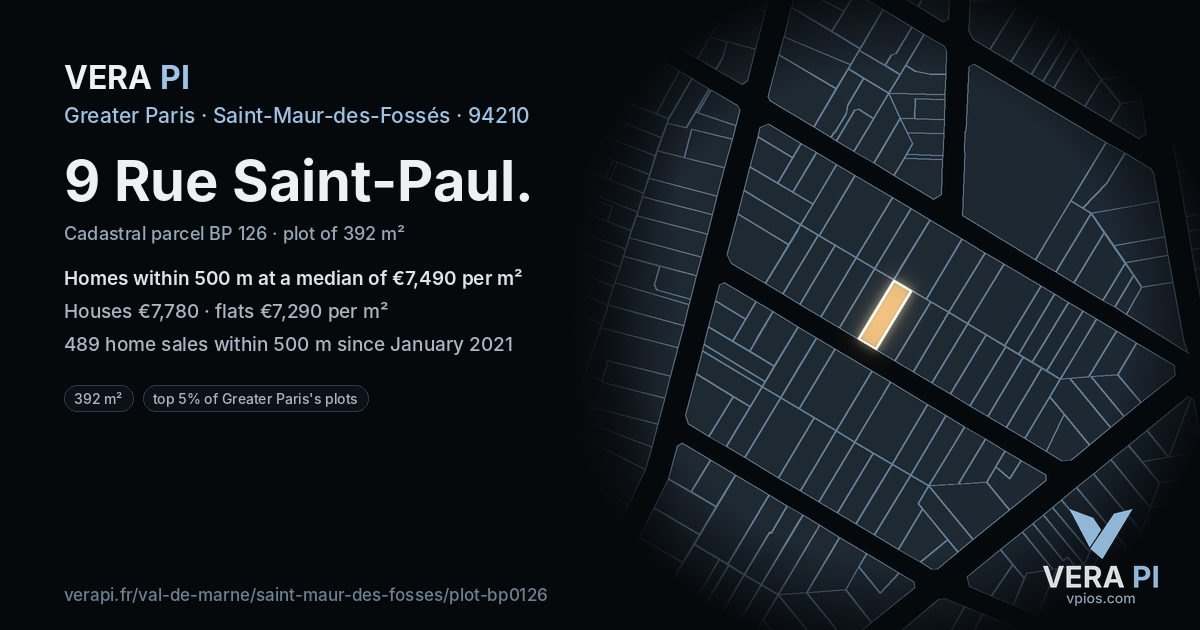 9 Rue Saint-Paul, Saint-Maur-des-Fossés at night – the plot lit, the parcels around coloured by the prices near them