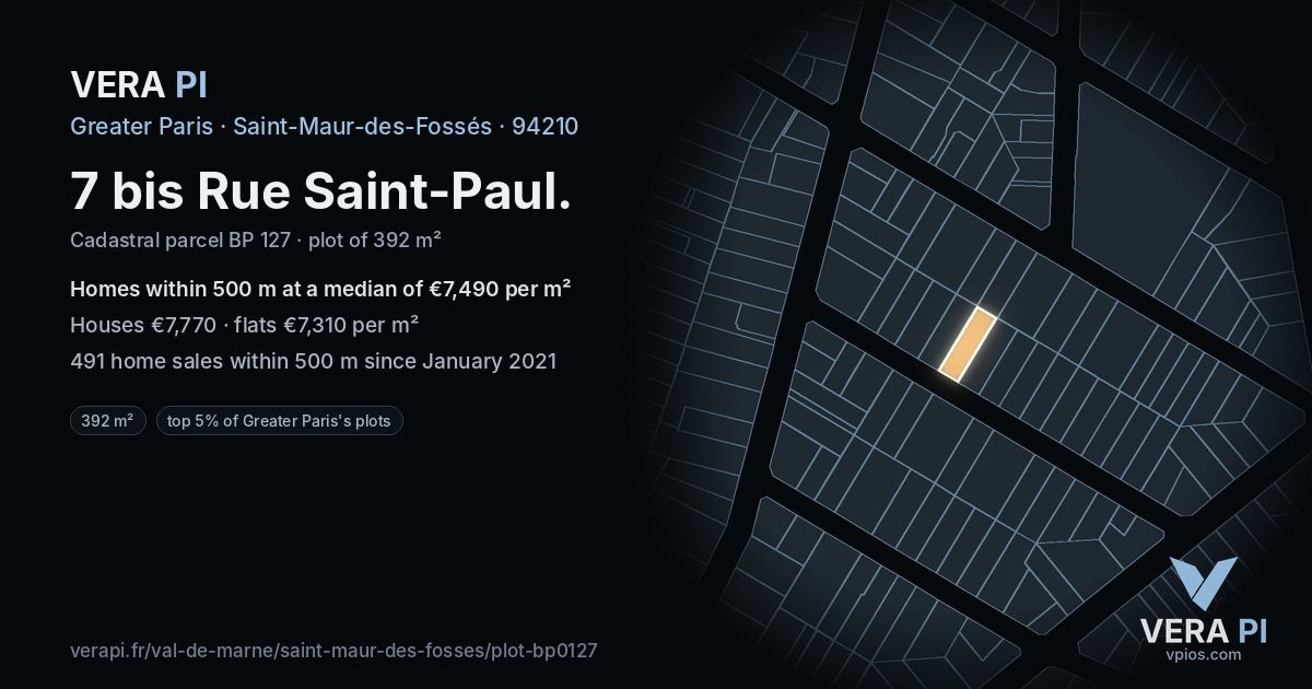 7 bis Rue Saint-Paul, Saint-Maur-des-Fossés at night – the plot lit, the parcels around coloured by the prices near them