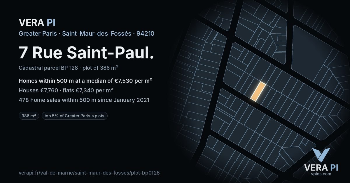 7 Rue Saint-Paul, Saint-Maur-des-Fossés at night – the plot lit, the parcels around coloured by the prices near them