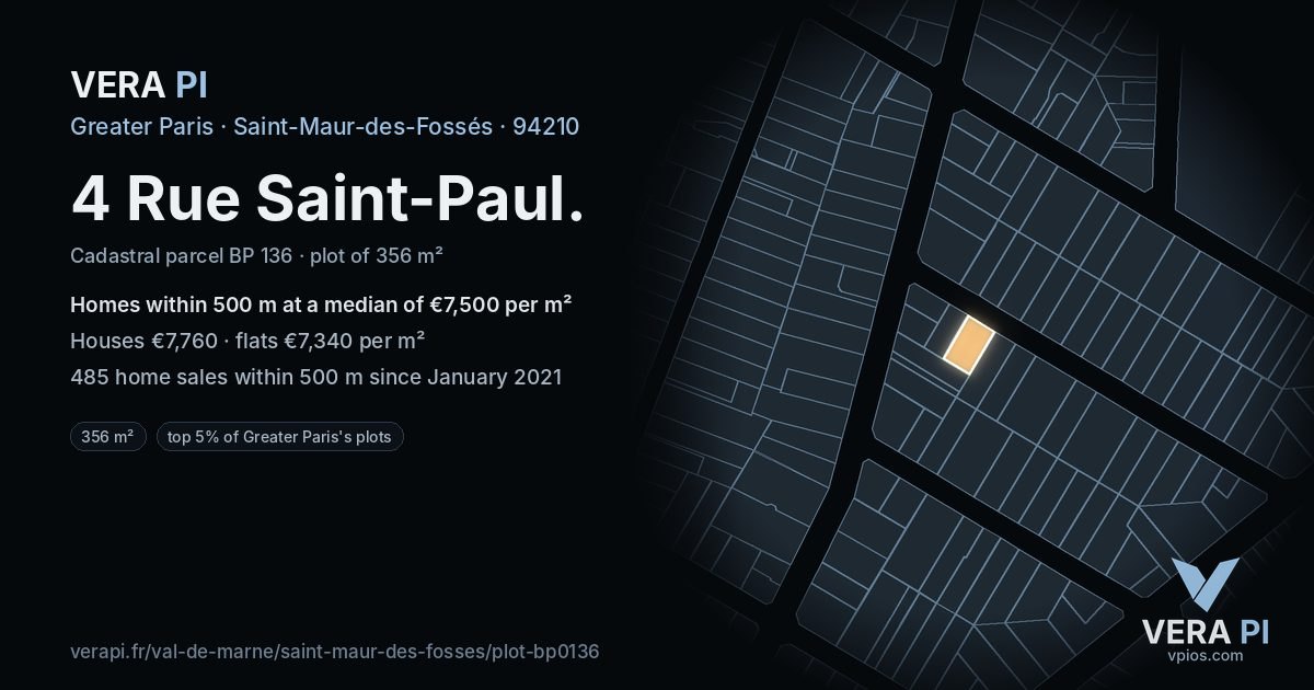 4 Rue Saint-Paul, Saint-Maur-des-Fossés at night – the plot lit, the parcels around coloured by the prices near them