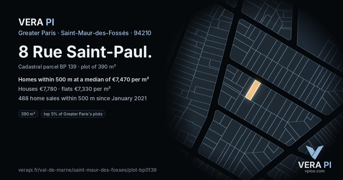 8 Rue Saint-Paul, Saint-Maur-des-Fossés at night – the plot lit, the parcels around coloured by the prices near them