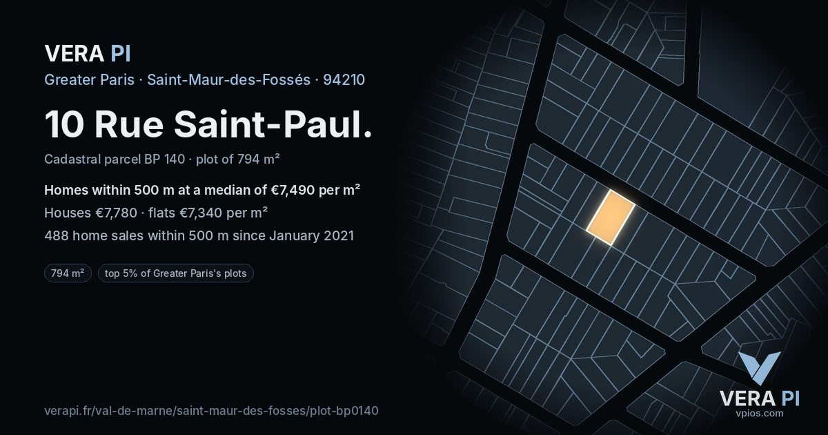 10 Rue Saint-Paul, Saint-Maur-des-Fossés at night – the plot lit, the parcels around coloured by the prices near them