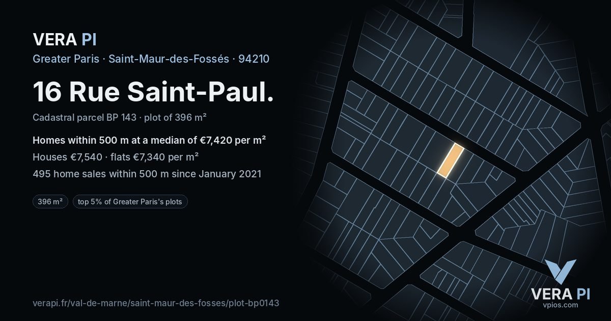 16 Rue Saint-Paul, Saint-Maur-des-Fossés at night – the plot lit, the parcels around coloured by the prices near them