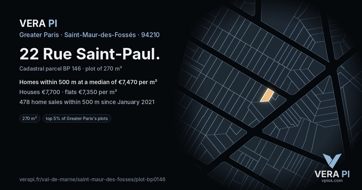 22 Rue Saint-Paul, Saint-Maur-des-Fossés at night – the plot lit, the parcels around coloured by the prices near them
