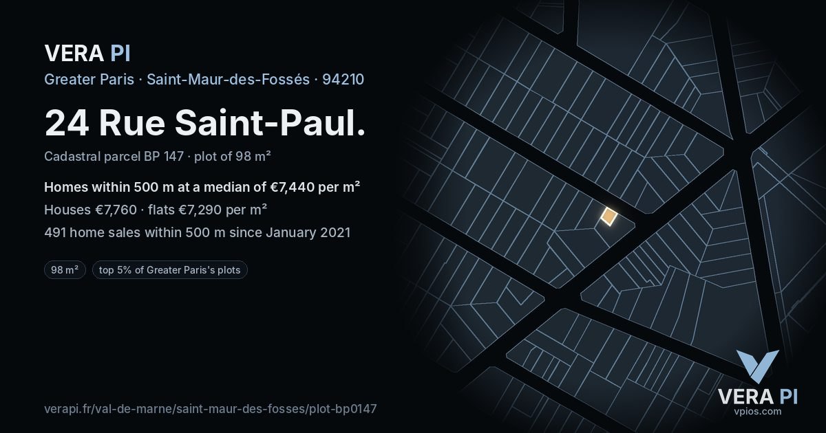 24 Rue Saint-Paul, Saint-Maur-des-Fossés at night – the plot lit, the parcels around coloured by the prices near them