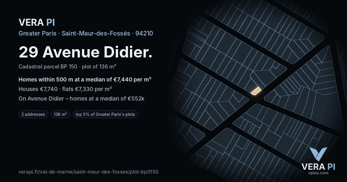 29 Avenue Didier, Saint-Maur-des-Fossés at night – the plot lit, the parcels around coloured by the prices near them