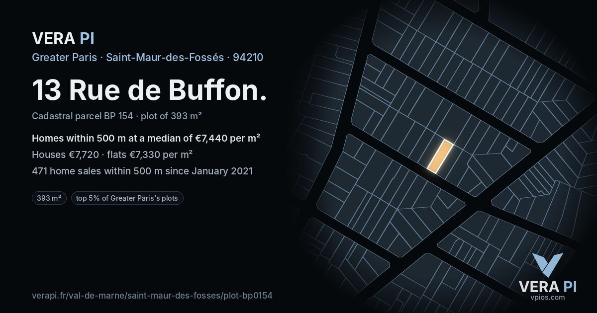 13 Rue de Buffon, Saint-Maur-des-Fossés at night – the plot lit, the parcels around coloured by the prices near them