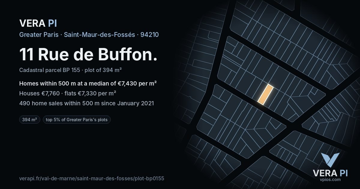 11 Rue de Buffon, Saint-Maur-des-Fossés at night – the plot lit, the parcels around coloured by the prices near them