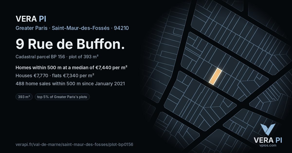 9 Rue de Buffon, Saint-Maur-des-Fossés at night – the plot lit, the parcels around coloured by the prices near them