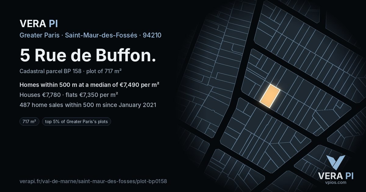 5 Rue de Buffon, Saint-Maur-des-Fossés at night – the plot lit, the parcels around coloured by the prices near them