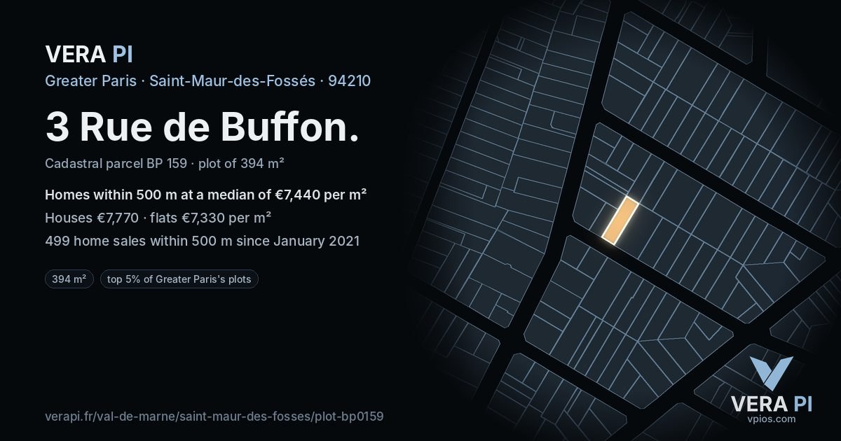 3 Rue de Buffon, Saint-Maur-des-Fossés at night – the plot lit, the parcels around coloured by the prices near them