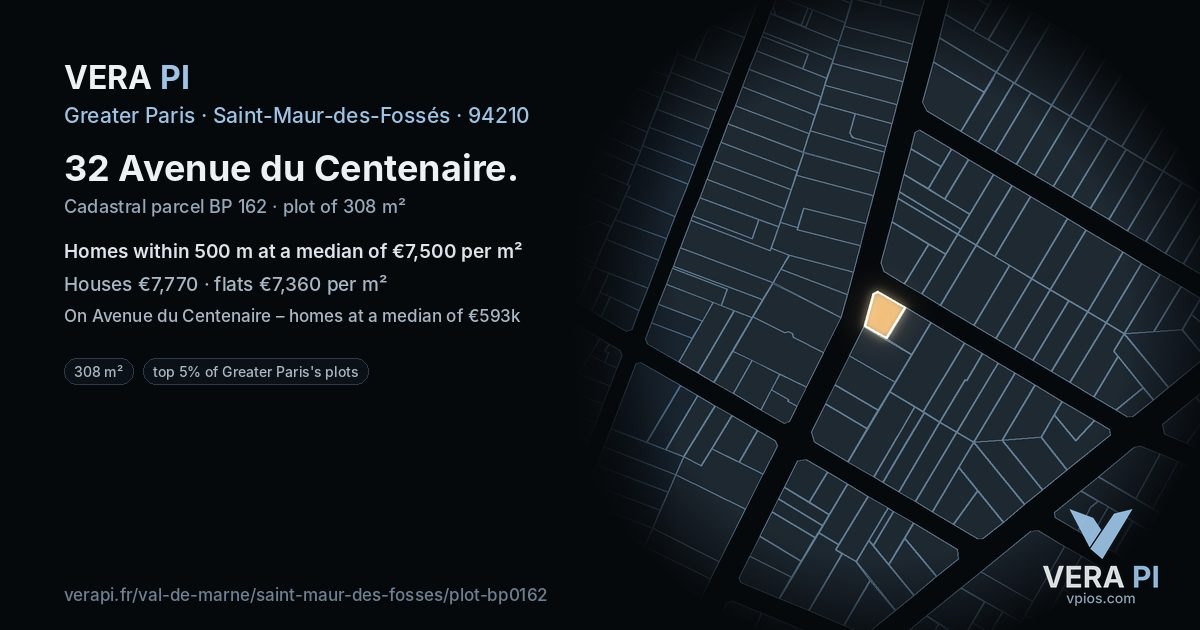 32 Avenue du Centenaire, Saint-Maur-des-Fossés at night – the plot lit, the parcels around coloured by the prices near them