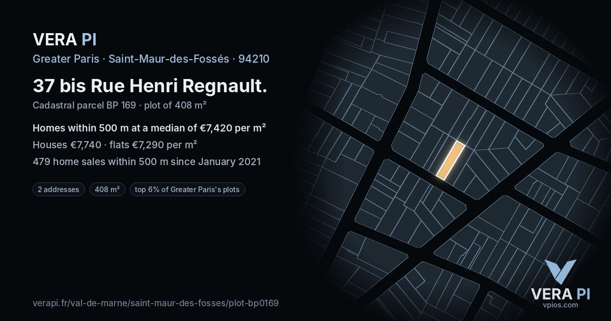37 bis Rue Henri Regnault, Saint-Maur-des-Fossés at night – the plot lit, the parcels around coloured by the prices near them