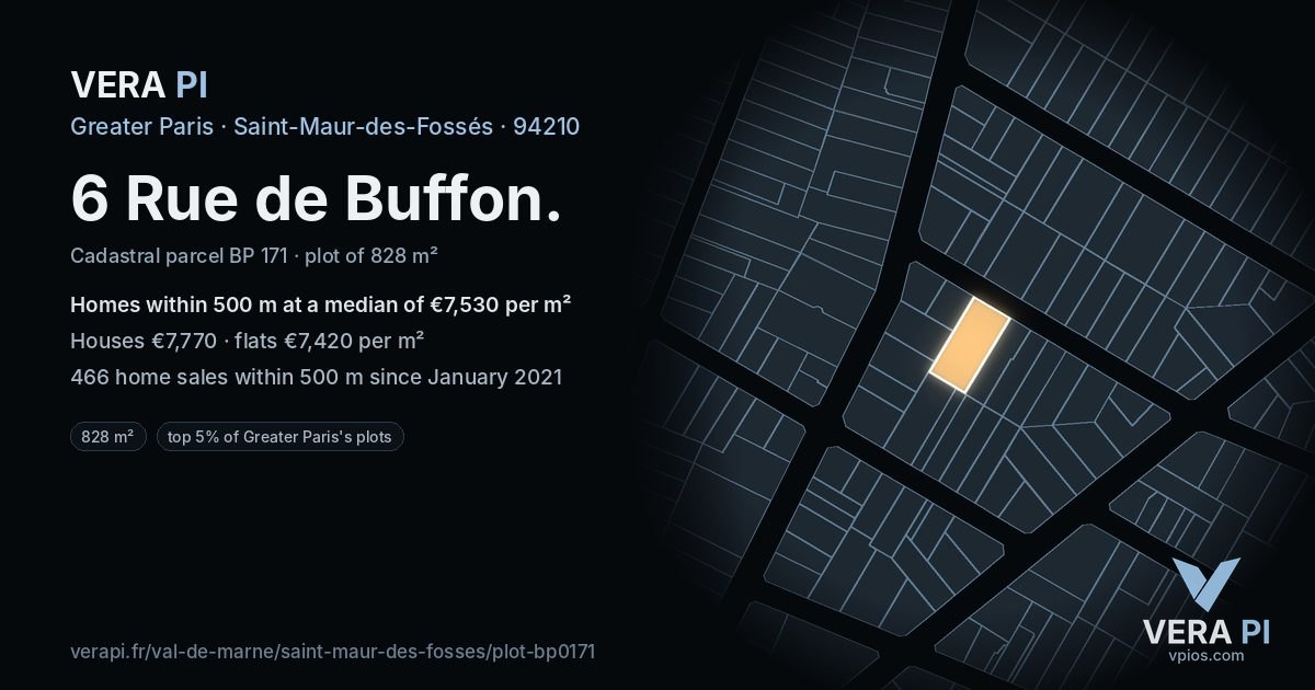 6 Rue de Buffon, Saint-Maur-des-Fossés at night – the plot lit, the parcels around coloured by the prices near them