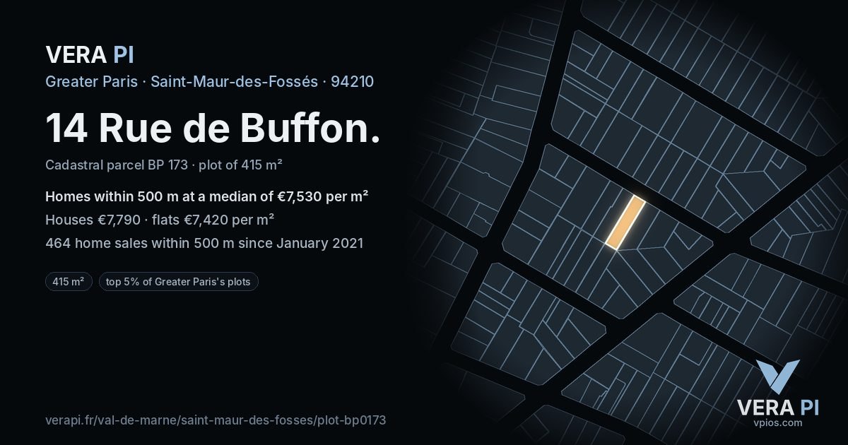 14 Rue de Buffon, Saint-Maur-des-Fossés at night – the plot lit, the parcels around coloured by the prices near them