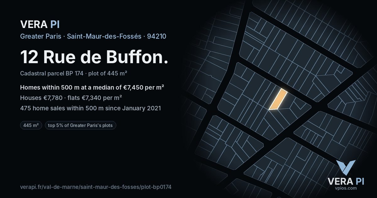 12 Rue de Buffon, Saint-Maur-des-Fossés at night – the plot lit, the parcels around coloured by the prices near them