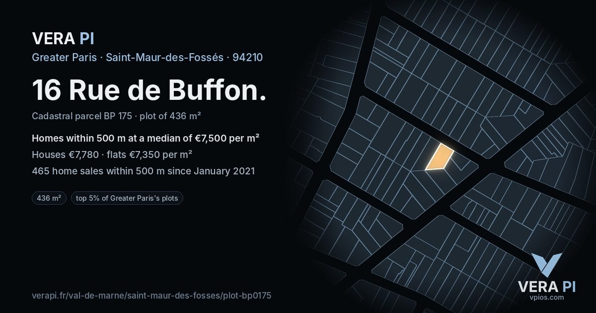 16 Rue de Buffon, Saint-Maur-des-Fossés at night – the plot lit, the parcels around coloured by the prices near them