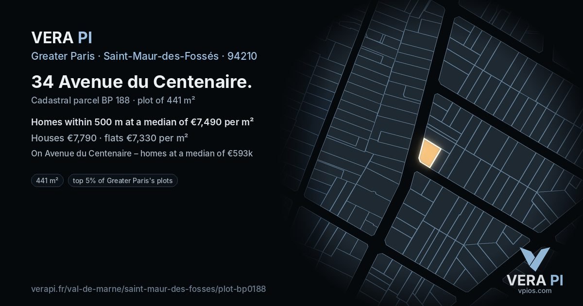 34 Avenue du Centenaire, Saint-Maur-des-Fossés at night – the plot lit, the parcels around coloured by the prices near them