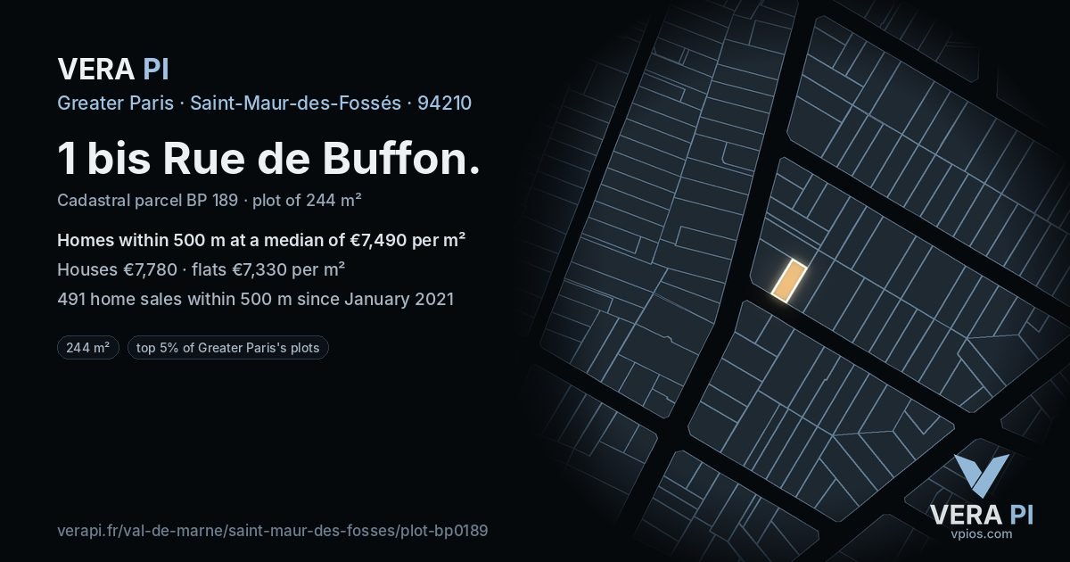 1 bis Rue de Buffon, Saint-Maur-des-Fossés at night – the plot lit, the parcels around coloured by the prices near them