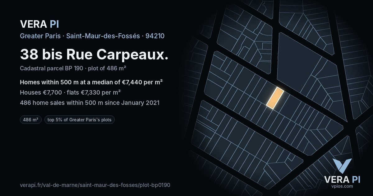 38 bis Rue Carpeaux, Saint-Maur-des-Fossés at night – the plot lit, the parcels around coloured by the prices near them