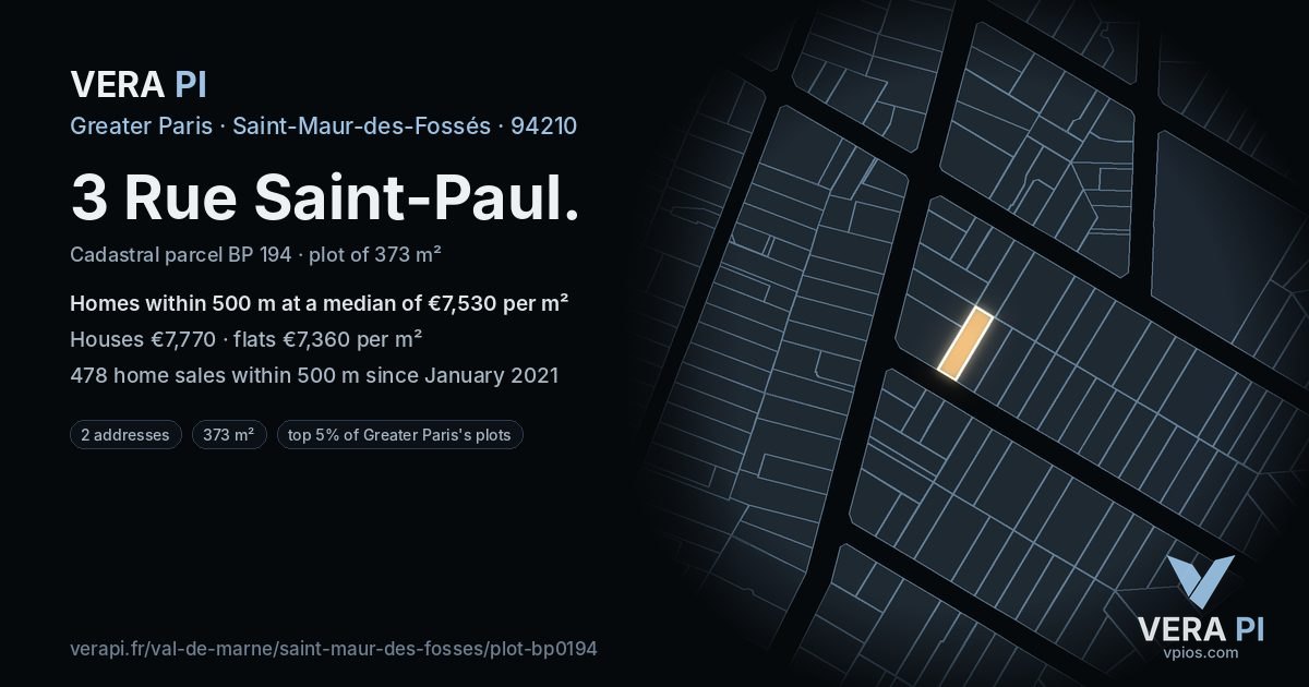 3 Rue Saint-Paul, Saint-Maur-des-Fossés at night – the plot lit, the parcels around coloured by the prices near them