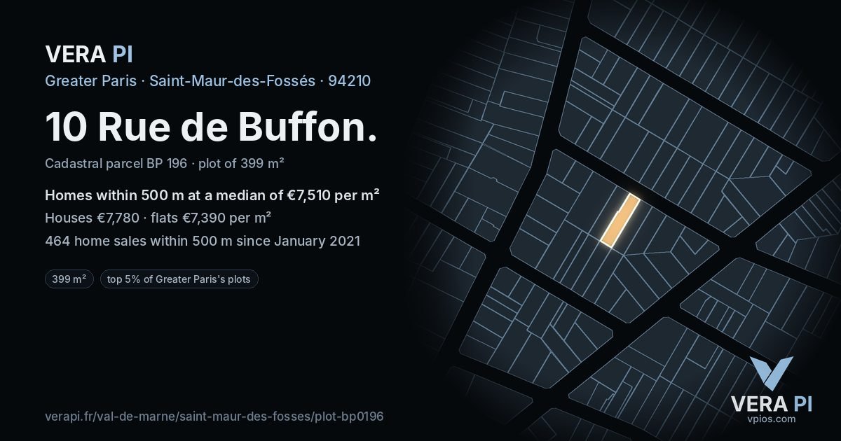 10 Rue de Buffon, Saint-Maur-des-Fossés at night – the plot lit, the parcels around coloured by the prices near them