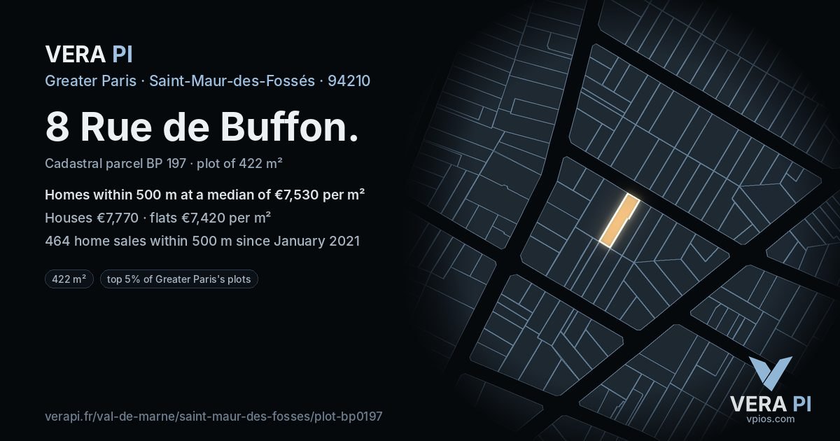 8 Rue de Buffon, Saint-Maur-des-Fossés at night – the plot lit, the parcels around coloured by the prices near them