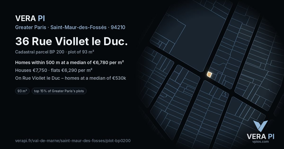 36 Rue Viollet le Duc, Saint-Maur-des-Fossés at night – the plot lit, the parcels around coloured by the prices near them