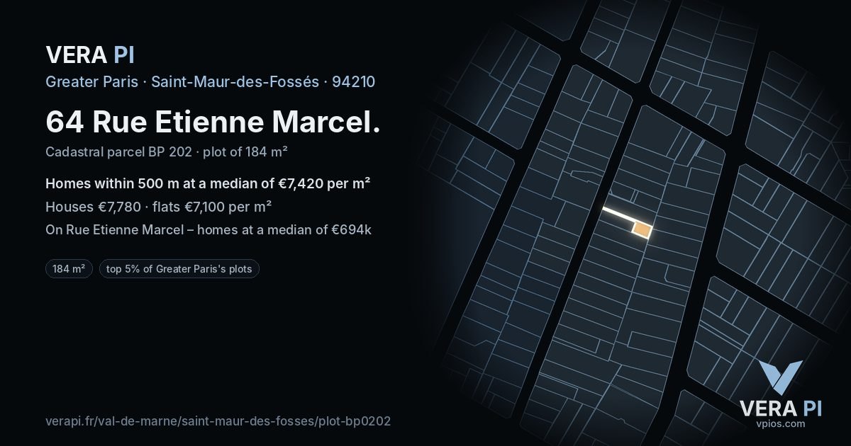 64 Rue Etienne Marcel, Saint-Maur-des-Fossés at night – the plot lit, the parcels around coloured by the prices near them
