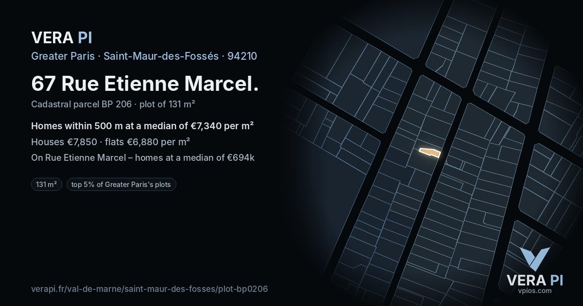 67 Rue Etienne Marcel, Saint-Maur-des-Fossés at night – the plot lit, the parcels around coloured by the prices near them
