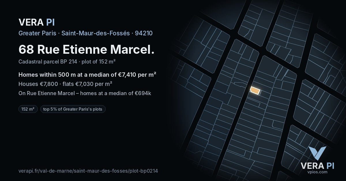 68 Rue Etienne Marcel, Saint-Maur-des-Fossés at night – the plot lit, the parcels around coloured by the prices near them