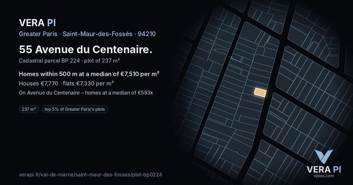55 Avenue du Centenaire, Saint-Maur-des-Fossés at night – the plot lit, the parcels around coloured by the prices near them
