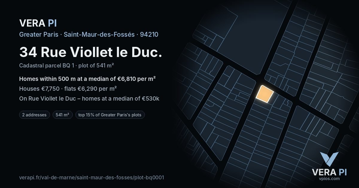 34 Rue Viollet le Duc, Saint-Maur-des-Fossés at night – the plot lit, the parcels around coloured by the prices near them