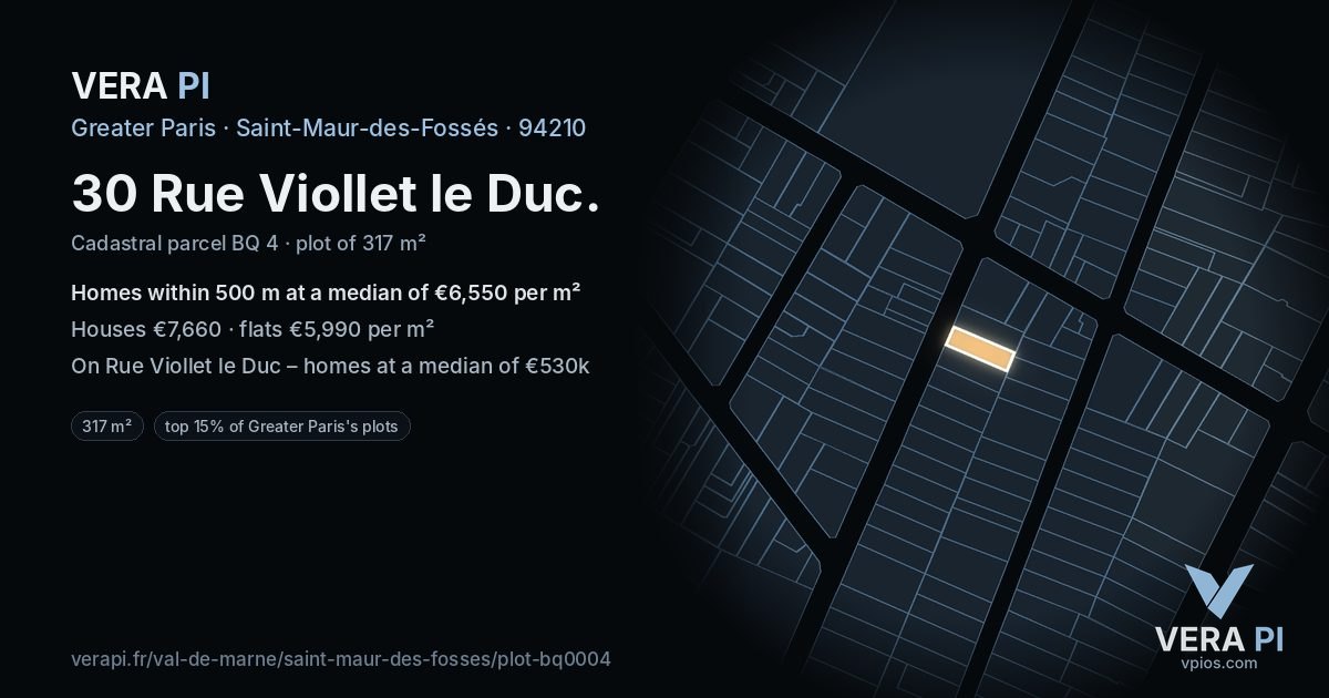 30 Rue Viollet le Duc, Saint-Maur-des-Fossés at night – the plot lit, the parcels around coloured by the prices near them