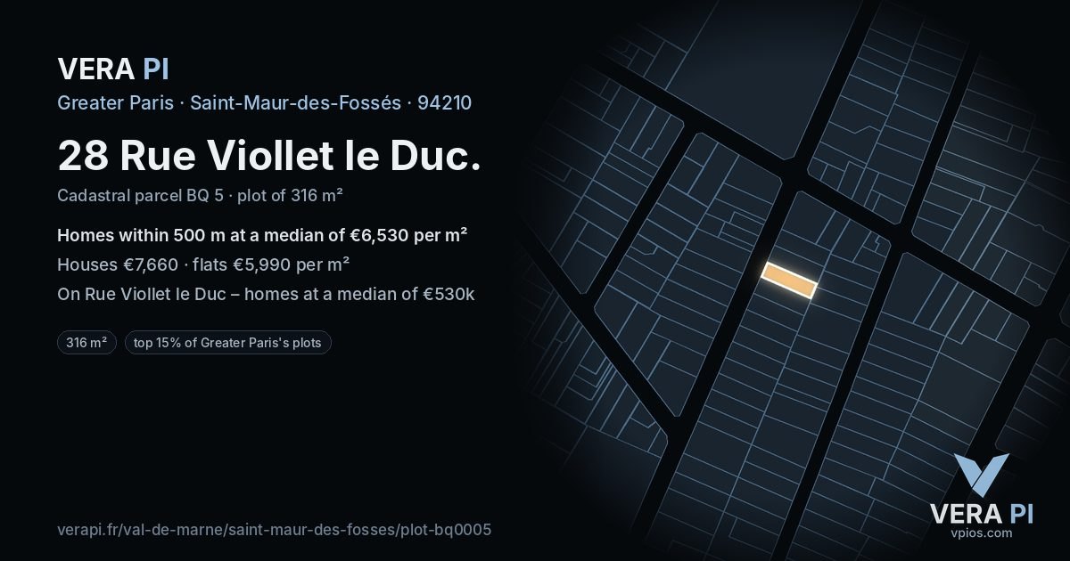 28 Rue Viollet le Duc, Saint-Maur-des-Fossés at night – the plot lit, the parcels around coloured by the prices near them