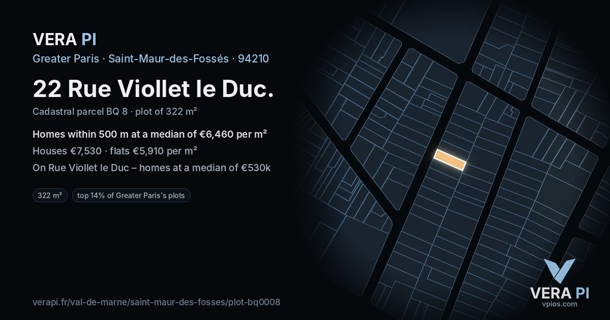 22 Rue Viollet le Duc, Saint-Maur-des-Fossés at night – the plot lit, the parcels around coloured by the prices near them