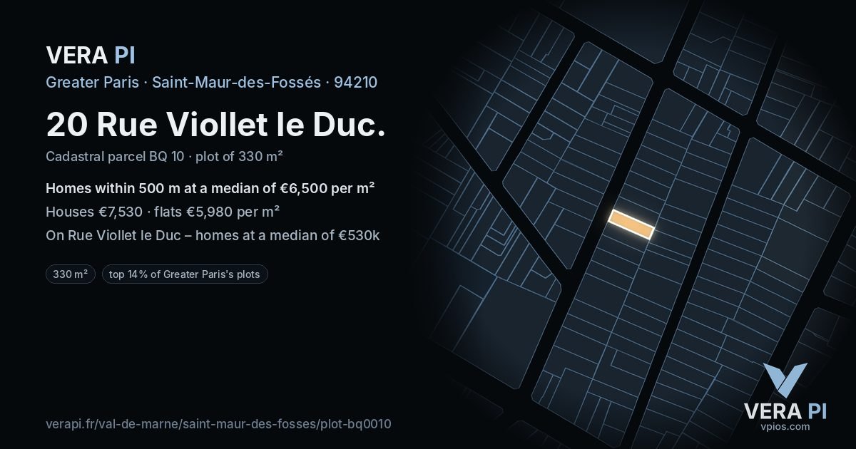 20 Rue Viollet le Duc, Saint-Maur-des-Fossés at night – the plot lit, the parcels around coloured by the prices near them