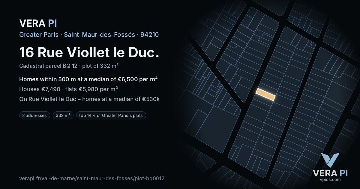16 Rue Viollet le Duc, Saint-Maur-des-Fossés at night – the plot lit, the parcels around coloured by the prices near them
