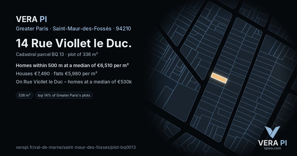 14 Rue Viollet le Duc, Saint-Maur-des-Fossés at night – the plot lit, the parcels around coloured by the prices near them